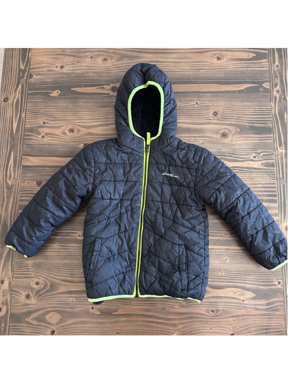 Eddie Bauer Boys Reversible Fleece Puffer Jacket XS 5/6 Black Neon Green
